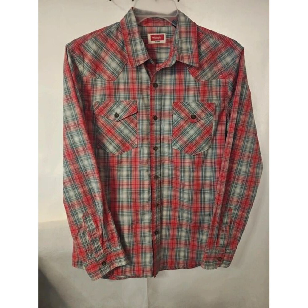 Wrangler Men’s Red & Gray Plaid Long Sleeve Pearl Snap Western Shirt Size M